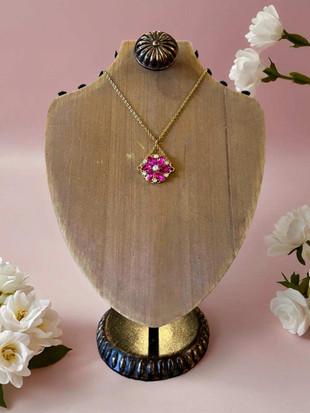 Gold-Tone Fuchsia Crystal Flower Pendant Necklace and Earring Set